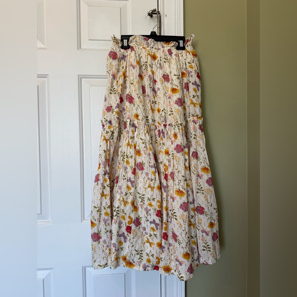 NWOT Eddy Floral Tiered Maxi Skirt Gold Metallic Lurex Butterfly XXS